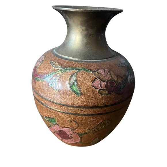 Vintage Solid Brass Cloisonne Floral Vase Heavy Enamel 6" Bronze Pink Green Boho - Picture 2 of 9